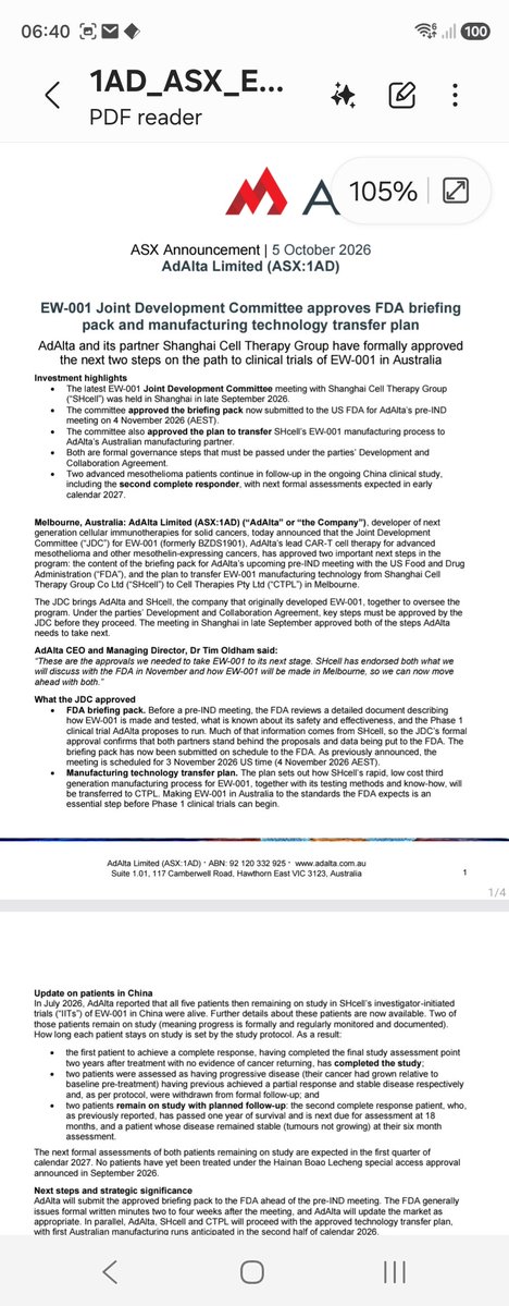 MrShare_expert's tweet photo. #1AD #cancer #CART #biotech

EW-001 Joint Development Committee approves FDA briefing pack and manufacturing technology transfer plan

AdAlta and its partner Shanghai Cell Therapy Group have formally approved 
the next two steps on the path to clinical trials of EW-001 in Australia..

Progress happening at a decent pace..