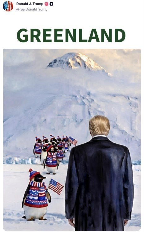 SprinterPress's tweet photo. Trump posted a photo with Greenland and penguins on his social media platform.
However, penguins do not live in the Arctic, which includes Greenland https://t.co/tp0iau9sKh
