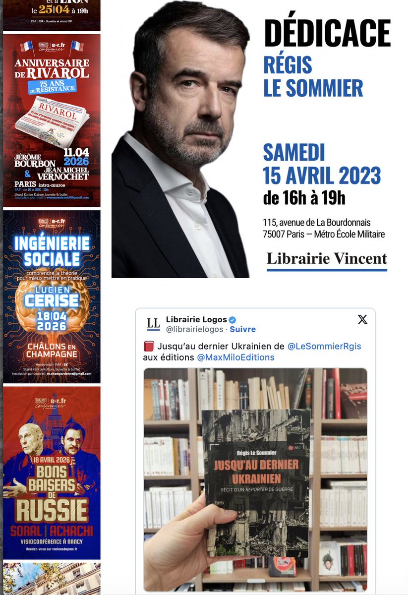 benoitmgh's tweet photo. 🔴  Ne pas oublier que le pro Russie Régis le Sommier , Rédacteur en chef d' @Omerta_officiel , permanent chez @CNews , défenseur de Xenia @xfedorova , est aussi soutenu par Egalité et Réconciliation @er_natio d' Alain Soral et sa Librairie Vincent maintenant Librairie Logos ! https://t.co/6dA8a4ZrB7