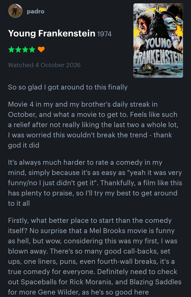 skul_tweets's tweet photo. #JustWatched Movie 4 of 31 with my brother for our daily streak in October
Young Frankenstein (1974) dir. Mel Brooks
Loved this one :)) https://t.co/knjnsOCm3L