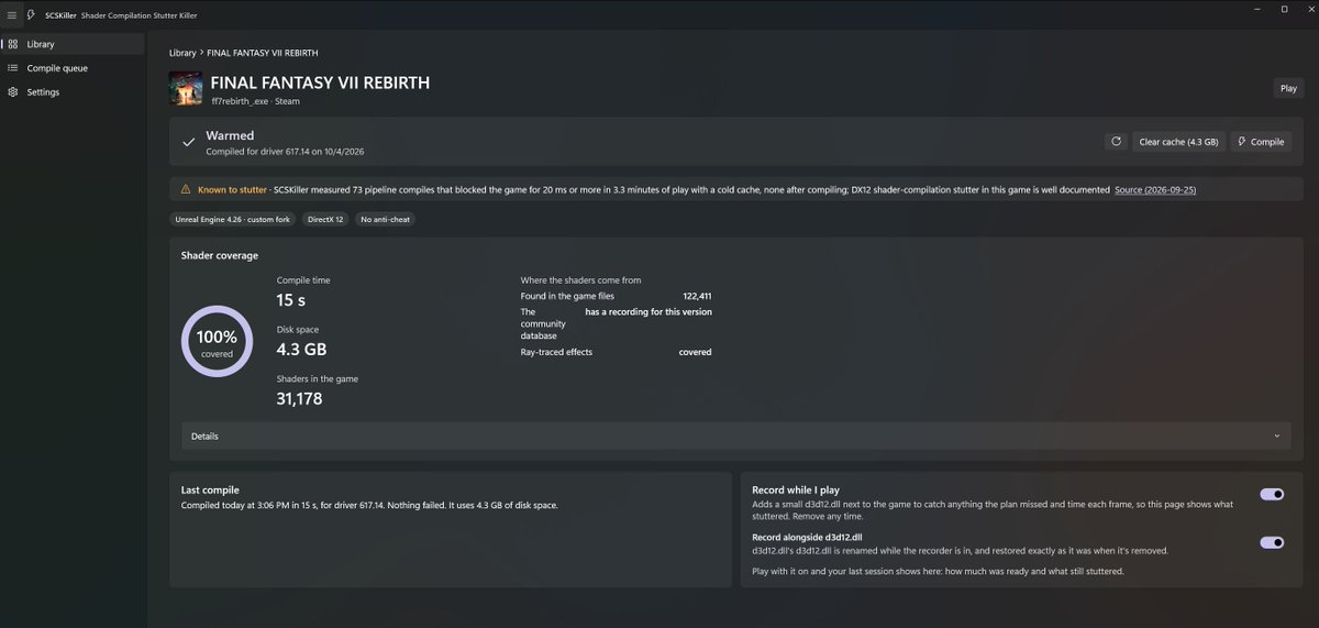 Joshiepoo2525's tweet photo. The new game-agnostic performance tool Shader Compilation Stutter Killer is an instant must-have for any PC gamers who value smooth performance. My FF7 Rebirth is stutter-free in front of Kalm at last. The UI is very user-friendly, too. Very powerful tool.
(5080/9800x3D)
🔗⬇️ https://t.co/r7gP5KTSZ4