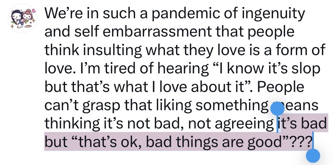 Hollywoodperf's tweet photo. We’re in such a pandemic of ingenuity and self embarrassment that people think insulting what they love is a form of love. I’m tired of hearing “I know it’s slop but that’s what I love about it”. People can’t grasp that liking something means thinking it’s not bad, not agreeing— https://t.co/FLEM37z7SB