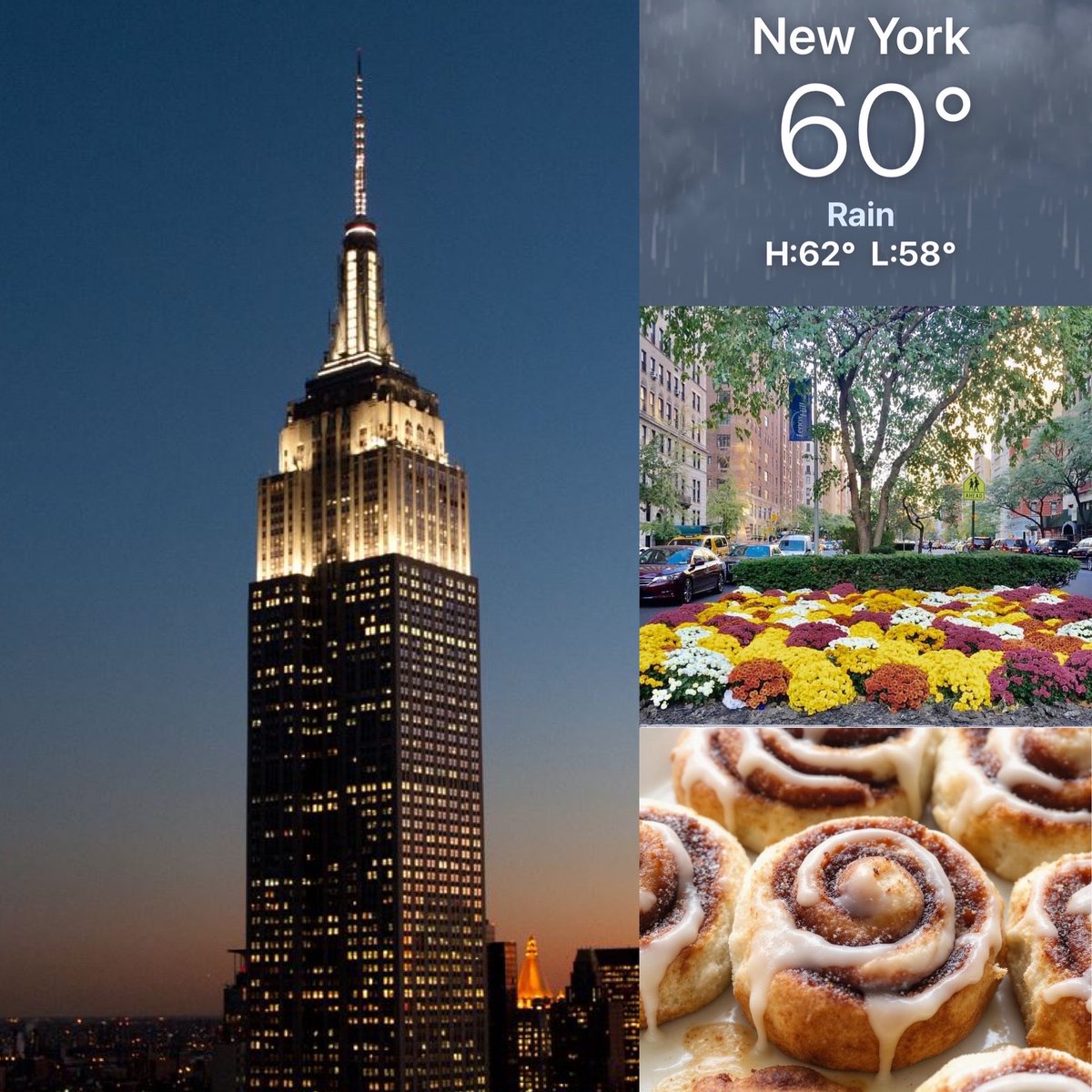 CorinnePulitzer's tweet photo. Sunset was at 6:33PM & temps are chilly this Sunday night with light rain falling on the Mums on Park Ave. The @EmpireStateBldg is lit in Signature White as #PastryFans celebrate #NationalCinnamonBunDay! @NationalDayCal @NY1weather @HeyWhatDay @DiningGuide2Day @FundforParkAve https://t.co/9oSo4bY9vW