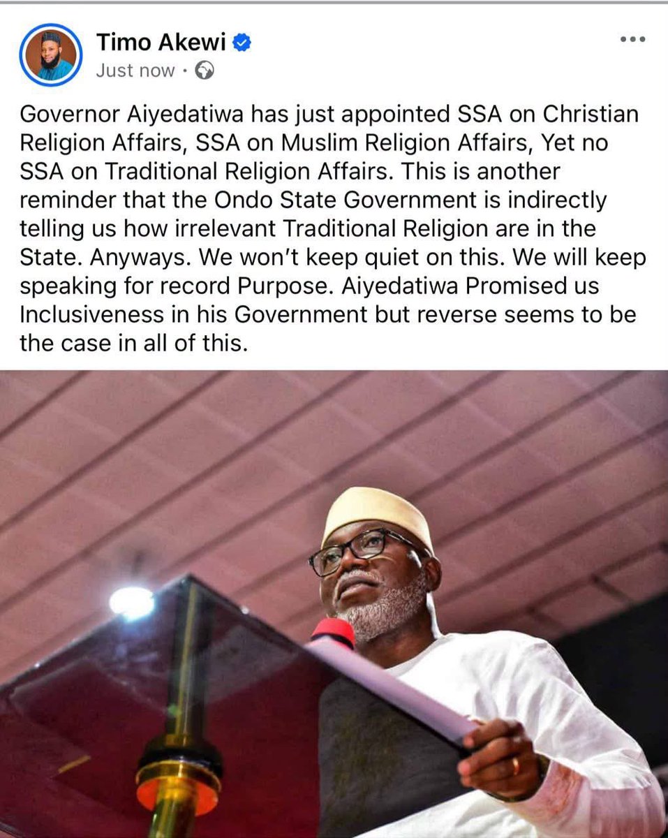 egtapere's tweet photo. @LuckyAiyedatiwa WHERE IS THE SSA ON TRADITIONAL RELIGION AFFAIRS?

​Ondo State belongs to ALL of us, Christians, Muslims, and Traditional Religion practitioners alike.

​His Excellency, Governor Lucky Orimisan Aiyedatiwa, recently appointed Senior Special Assistants https://t.co/h4zEf1OK4n