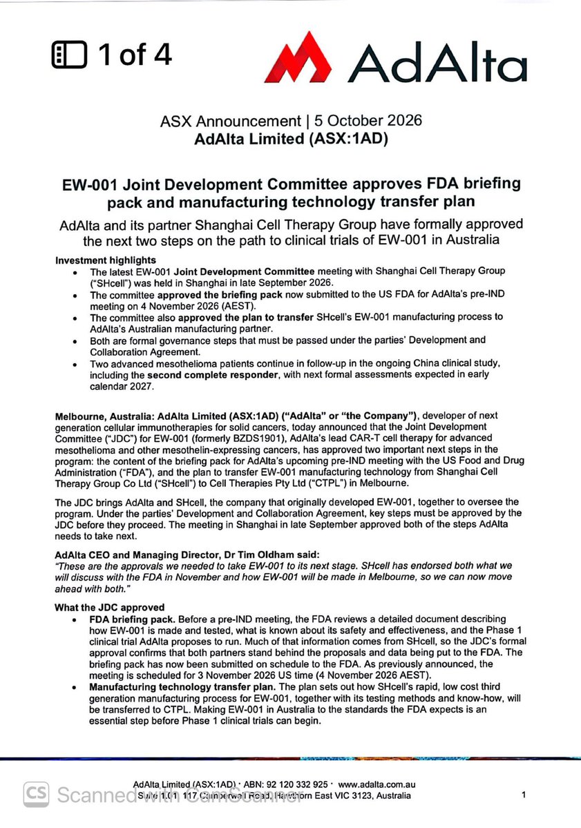 SalvadorMaurice's tweet photo. #1AD

EW-001 Joint Development Committee approves #FDA briefing pack and manufacturing technology transfer plan

#AdAlta and its partner #Shanghai #Cell #Therapy #Group have formally approved the next two steps on the path to clinical trials of EW-001 in Australia.. https://t.co/Bk6s2zNEug