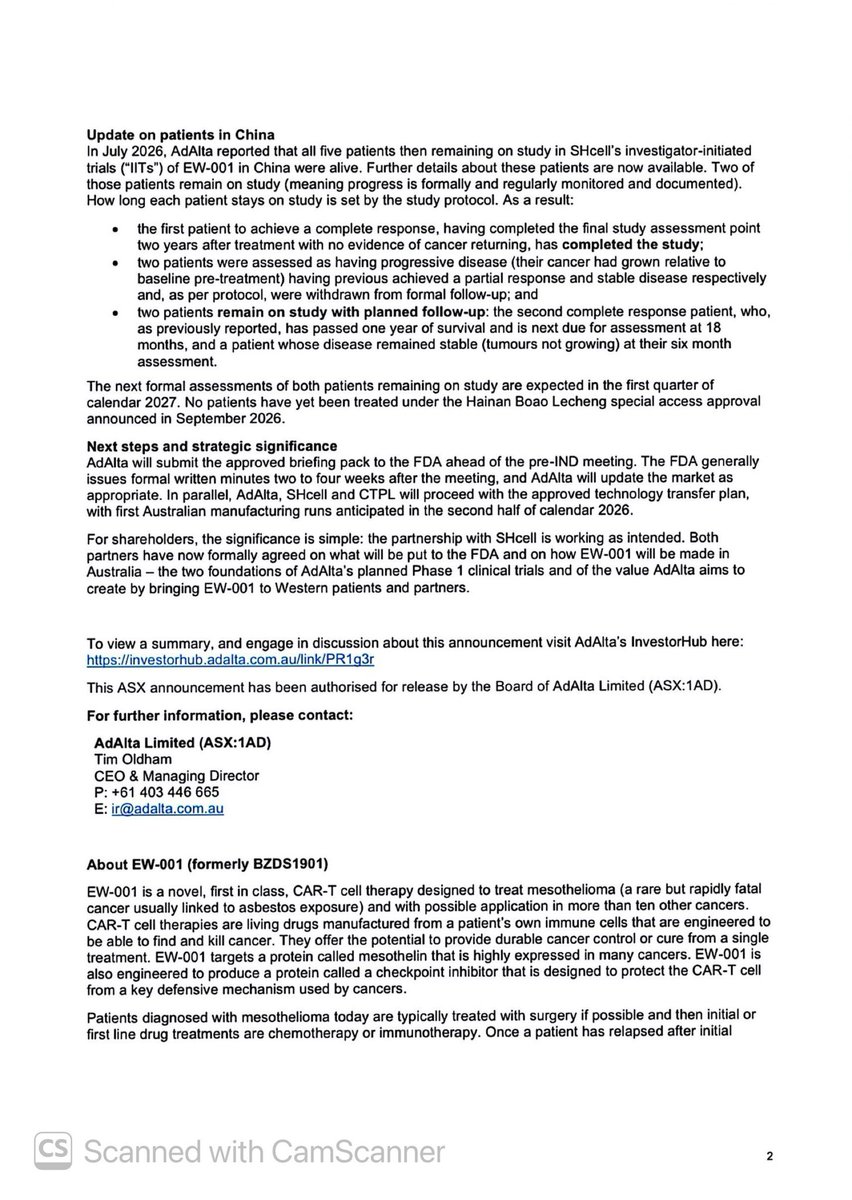 SalvadorMaurice's tweet photo. #1AD

EW-001 Joint Development Committee approves #FDA briefing pack and manufacturing technology transfer plan

#AdAlta and its partner #Shanghai #Cell #Therapy #Group have formally approved the next two steps on the path to clinical trials of EW-001 in Australia.. https://t.co/Bk6s2zNEug
