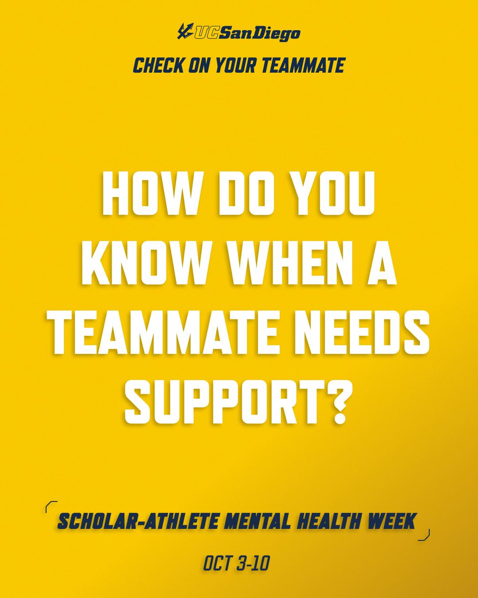 UCSDtritons's tweet photo. How do you know when a teammate might need support?

Sometimes the signs are easy to notice. Sometimes they aren’t. Triton scholar-athletes share what they look for and why checking in matters!

#CheckOnYourTeammate #ScholarAthleteMentalHealthWeek #SAMHW26 #GoTritons https://t.co/5KKvxRTdYz