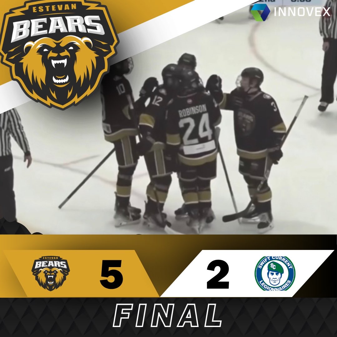 EstevanBears's tweet photo. 🐻BEARS WIN!🐻

5-2 over Swift Current on Sunday!

🥅 P. Schmidt (22/24)
🚨 L. Andrusiak - C. Mitschke
🚨 L. LaBreche - J. Watson, R. Kosior
🚨 J. Robinson - J. Hanson, E. Beaudin (PP)
🚨 J. Hanson - J. Robinson, R. Kosior (2)
🚨 L. LaBreche (2) - L. Andrusiak, J. Watson (2) https://t.co/oxgL9xPh0r