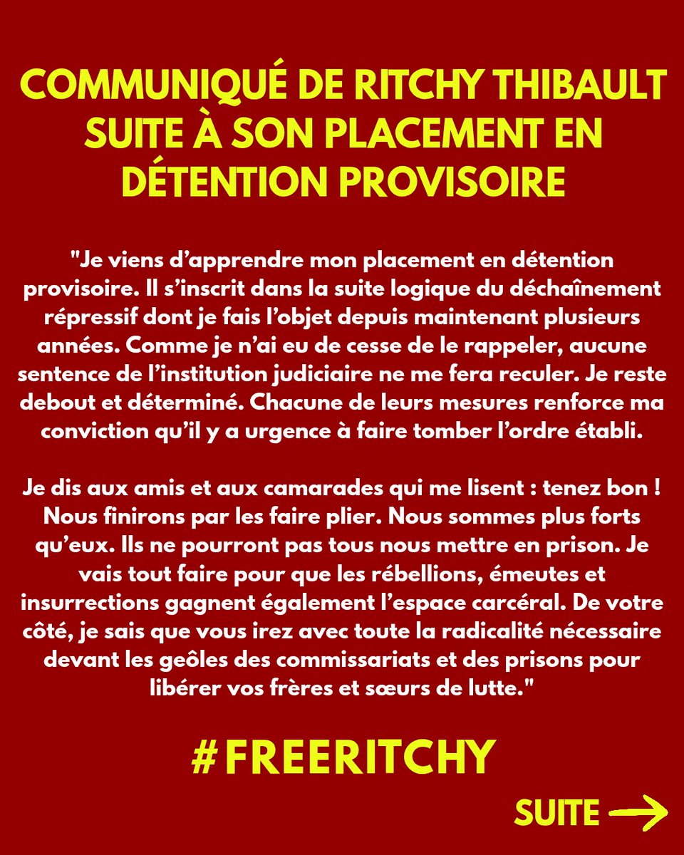 GregRN78's tweet photo. Communiqué de Ritchy Thibault suite à son placement en détention provisoire
"Je crois en la force des pavés, des barricades et du feu révolutionnaire"
RDV 5 octobre 12h Tribunal Judiciaire Bobigny #FREERITCHY #RitchyThibault https://t.co/P9k6Z8cHrB
