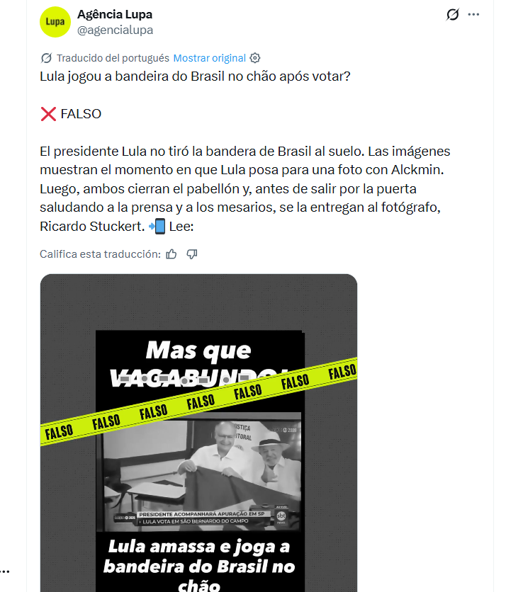 JulianMaciasT's tweet photo. Millones de bots replicaron publicaciones de cientos de cuentas bolsonaristas e internacionales con la mentira de que Lula lanzó la bandera de Brasil al suelo mientras brasileños votaban.
Esto debería ser delito, expongo la lista de personas y medios que deberían ser denunciados. https://t.co/T6Di59a7gh