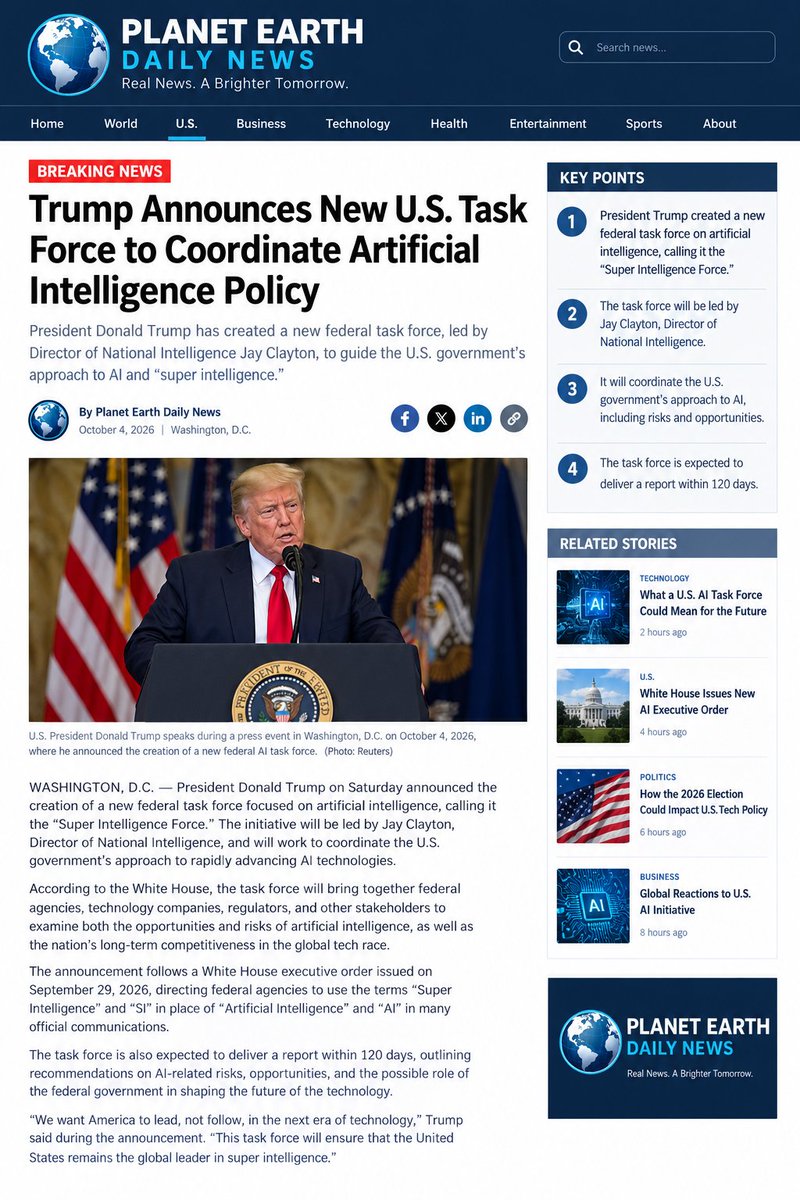 PLANETEARTH356's tweet photo. 🔴 BREAKING 🇺🇸

Trump announces a new federal AI task force called the “Super Intelligence Force.”

Jay Clayton, Director of National Intelligence, will lead it.

🌍 Planet Earth Daily News
#BreakingNews #USA #AI #trump https://t.co/c6pTZjPKur