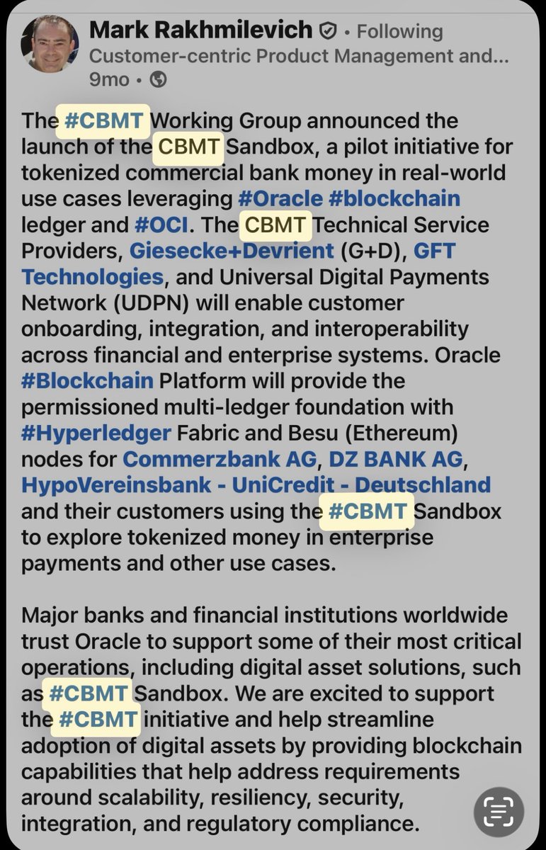 Francis73leal's tweet photo. 💥💥Massive for Quant💥💥
(CBMT) Central Bank Money Tokens! Watch to the End! #sapt #isotc307. Been digging into Oracle CBMT and #qnt Connections. @DPGmaximus @ProfRipplEffect @KingChanning https://t.co/ghPDqxjYeM