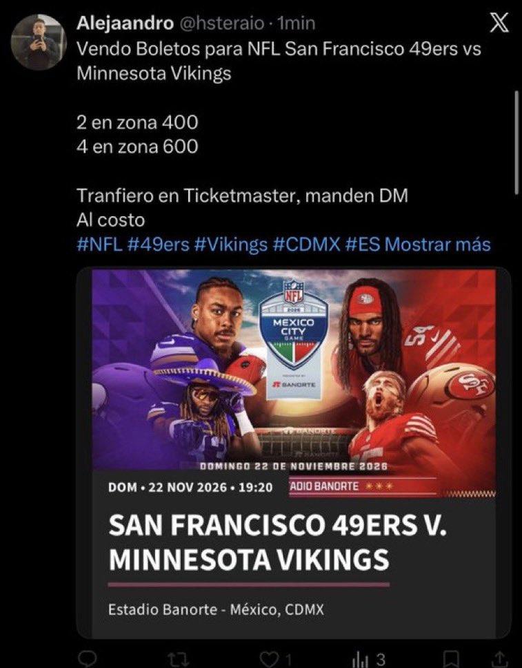 NieBrendaa's tweet photo. ESTAFA 

@Nirusoe antes @hsteraio @Aletst12 @Llbetysi @Aile5647 @Aletyarq y @Hermostraskell ESTAFA BOLETOS NFL México San Francisco 49ers vs Minnesota Vikings

SUS REDES Y FAMILIA NO TIENE BOLETO
#49ers #Vikings #ESTADIOBANORTE #MexicoCityGame #EstadioBanorte  #MinnesotaVikings https://t.co/dNWRBixpPQ