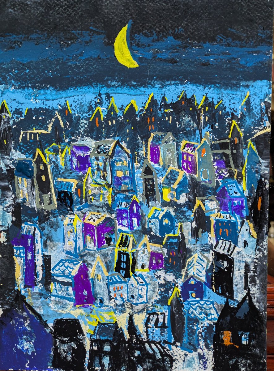 EaQtz6's tweet photo. ＃artwork
＃art 
#絵、
＃心象風景画
＃Gouache
＃paintig

🎨A crescent moon appeared directly above the town.
🎨三日月が町の真上に現れた。 https://t.co/NAuWfzB5h7