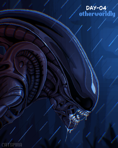 Catspira's tweet photo. I present a #xenomorph #pixelart #timelapse for #inktober2026day4 - my prompt was "Otherworldly". 

Credit to Alien Isolation 2 poster/cover art for reference image. https://t.co/xJQVAjQB2N