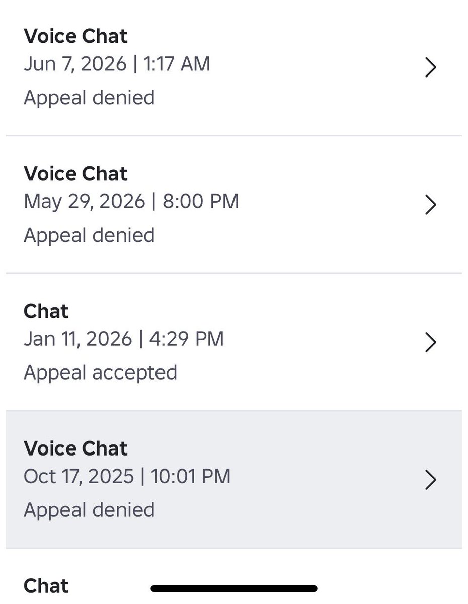lialuuvsu's tweet photo. can anyone help me get unbanned without those scammers tryna charge me and stuff i’ve been banned about 19 times from 2024-2026 due to voice chat, and always falsely getting banned. i’ve never disrespected people on here unless i am defending myself, please can someone help me. https://t.co/abCp8sMVwT