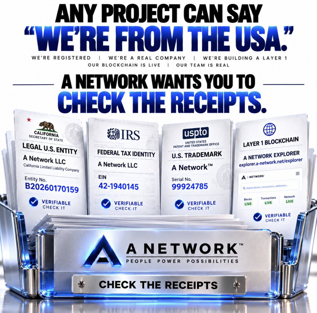 ANetworkLLC's tweet photo. 🚨 ANY PROJECT CAN SAY “WE’RE FROM THE USA.”

Any project can say:

“We’re registered.”
“We’re a real company.”
“We’re building a Layer 1.”
“Our blockchain is live.”
“Our team is real.”

Those are words.

A NETWORK WANTS YOU TO CHECK THE RECEIPTS.

🇺🇸 LEGAL U.S. ENTITY

A Network LLC
California Limited Liability Company
Entity No.: B20260170159

Don’t believe us.

VERIFY IT.

🧾 FEDERAL TAX IDENTITY

A Network LLC
EIN: 42-1940145

A U.S. company with a federal tax identity.

Again—

VERIFY IT.

™️ U.S. TRADEMARK FILING

A Network™
United States Patent and Trademark Office
USPTO Serial No.: 99924785

Don’t believe the ™ beside our name.

SEARCH THE NUMBER.

⛓️ LIVE LAYER-1 BLOCKCHAIN

This is where words become much less important.

We could post:

“OUR BLOCKCHAIN IS LIVE.”

But why should you believe us?

DON’T.

Open the explorer yourself.

Check the blocks.
Check the transactions.
Check the addresses.
Check the activity.

🔎 LIVE A NETWORK BLOCK EXPLORER

https://t.co/SlwxSQBAf5

👥 THE PEOPLE BEHIND IT

From ownership and leadership to development, A Network isn’t supposed to be a mystery hidden behind anonymous accounts.

The company exists.

The people exist.

The legal records exist.

The trademark filing exists.

The infrastructure exists.

And the blockchain can be inspected publicly.

THAT’S THE DIFFERENCE BETWEEN SAYING “TRUST US” AND SAYING “CHECK US.”

Anyone can put USA 🇺🇸 on a website.

Anyone can write Layer 1 in a bio.

Anyone can publish a roadmap.

Anyone can promise what they’re going to build.

But verifiable things leave receipts.

ENTITY — CHECK IT.

EIN — CHECK IT.

USPTO — CHECK IT.

TEAM — CHECK IT.

BLOCKCHAIN — CHECK IT.

EXPLORER — CHECK IT.

We don’t want you to believe A Network because we told you a good story.

WE WANT YOU TO VERIFY THE STORY YOURSELF.

A Network™

Verify through what you have learned.

#ANetwork #ANet #Layer1 #Blockchain #Web3 #wANet #Ants