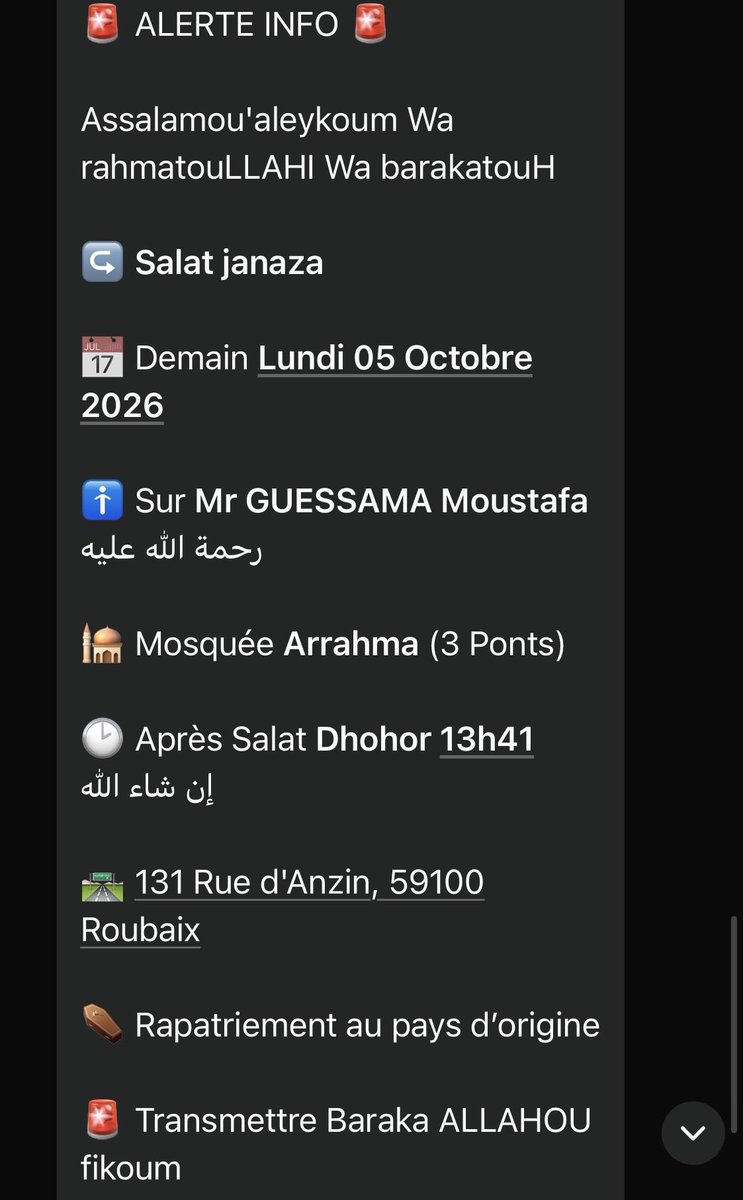 adnbrt_'s tweet photo. Salam aleykoum il y a une salât janaza à Roubaix dans la mosquée Arrahma (3 ponts) après salât dhor in shaa Allah https://t.co/ttfbRPfcvR