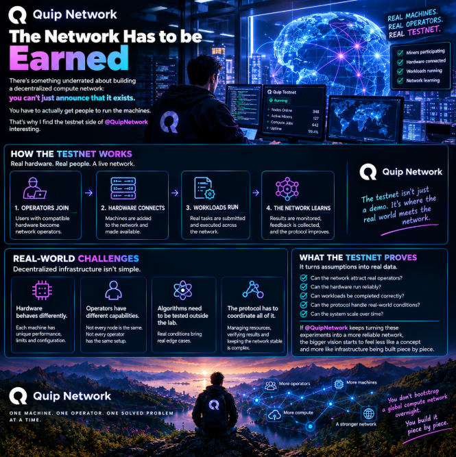 thuykeo56's tweet photo. there’s something underrated about building a decentralized compute network:

you can’t just announce that it exists.

you have to actually get people to run the machines.

that’s why i find the testnet side of @quipnetwork  interesting.

miners are already participating, hardware is being connected, workloads can be tested, and the network can learn from what happens in the real world.

because decentralized infrastructure gets complicated very quickly once real machines enter the picture.

hardware behaves differently.

operators have different capabilities.

algorithms need to be tested outside the lab.

and the protocol has to coordinate all of it.

a testnet isn’t just a demo.

it’s where the assumptions behind the architecture get challenged.

if @quipnetwork  can keep turning those experiments into a more reliable network, the bigger vision starts to feel less like a concept and more like infrastructure being built piece by piece.

you don’t bootstrap a global compute network overnight.

you build it one machine, one operator, and one solved problem at a time.