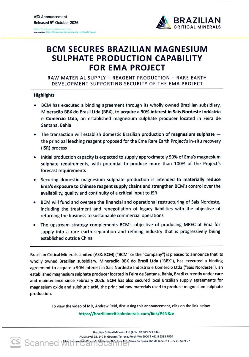SalvadorMaurice's tweet photo. $BCM
#BCM SECURES BRAZILIAN #MAGNESIUM #SULPHATE PRODUCTION CAPABILITY
FOR EMA PROJECT
RAW MATERIAL SUPPLY - REAGENT PRODUCTION - #RAREEARTH DEVELOPMENT SUPPORTING SECURITY OF THE EMA PROJECT.. https://t.co/LcCuszyEFT