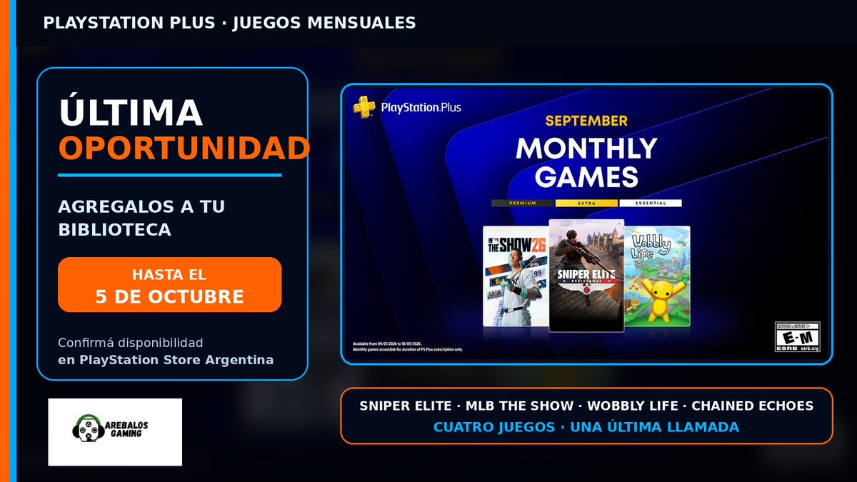 ArebalosGaming's tweet photo. ⏳ ÚLTIMA OPORTUNIDAD EN PS PLUS
Hasta el 5/10 podés agregar Sniper Elite: Resistance, MLB The Show 26, Wobbly Life y Chained Echoes a tu biblioteca.
¿Cuál sumás primero? Confirmá en Store Argentina y seguí a ArebalosGaming.
#PSPlus #PlayStation https://t.co/97oVWtvbqx