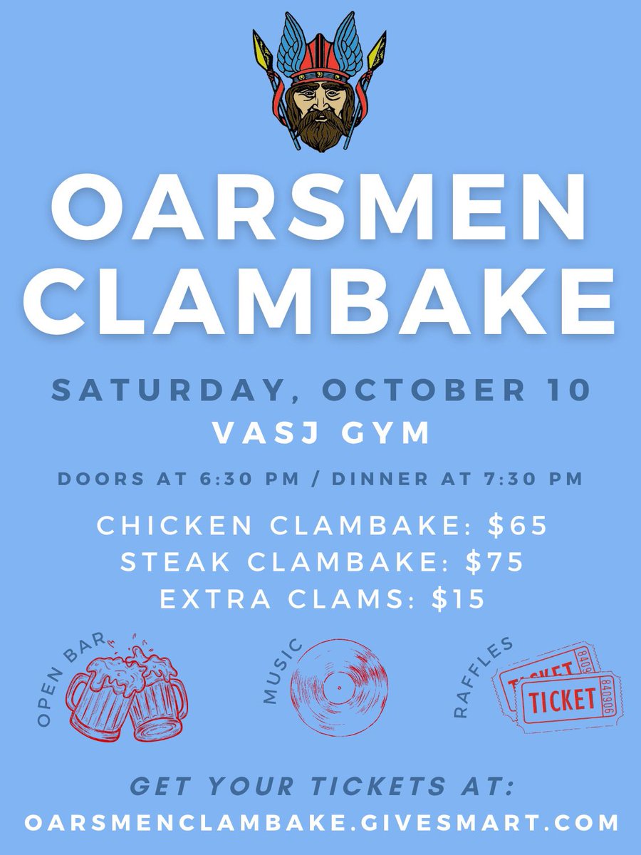 VASJHighSchool's tweet photo. Today is the final day to register for the Oarsman Clambake this Saturday! Visit the link on the graphic to secure your spot now and enjoy an incredible night of food and fellowship https://t.co/FFCuePAQ3e