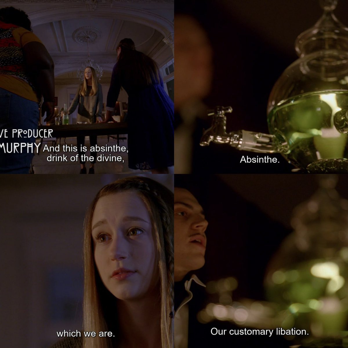 illusauter's tweet photo. absinthe is a legendary strong alcoholic drink that featured in ‘coven’, ‘hotel’ and now in #ahs13, and is indeed often called the "drink of the gods" as well as the "green fairy" (la fée verte)

👇🏻🧵 thread of explanation https://t.co/BMX0kwKA6e