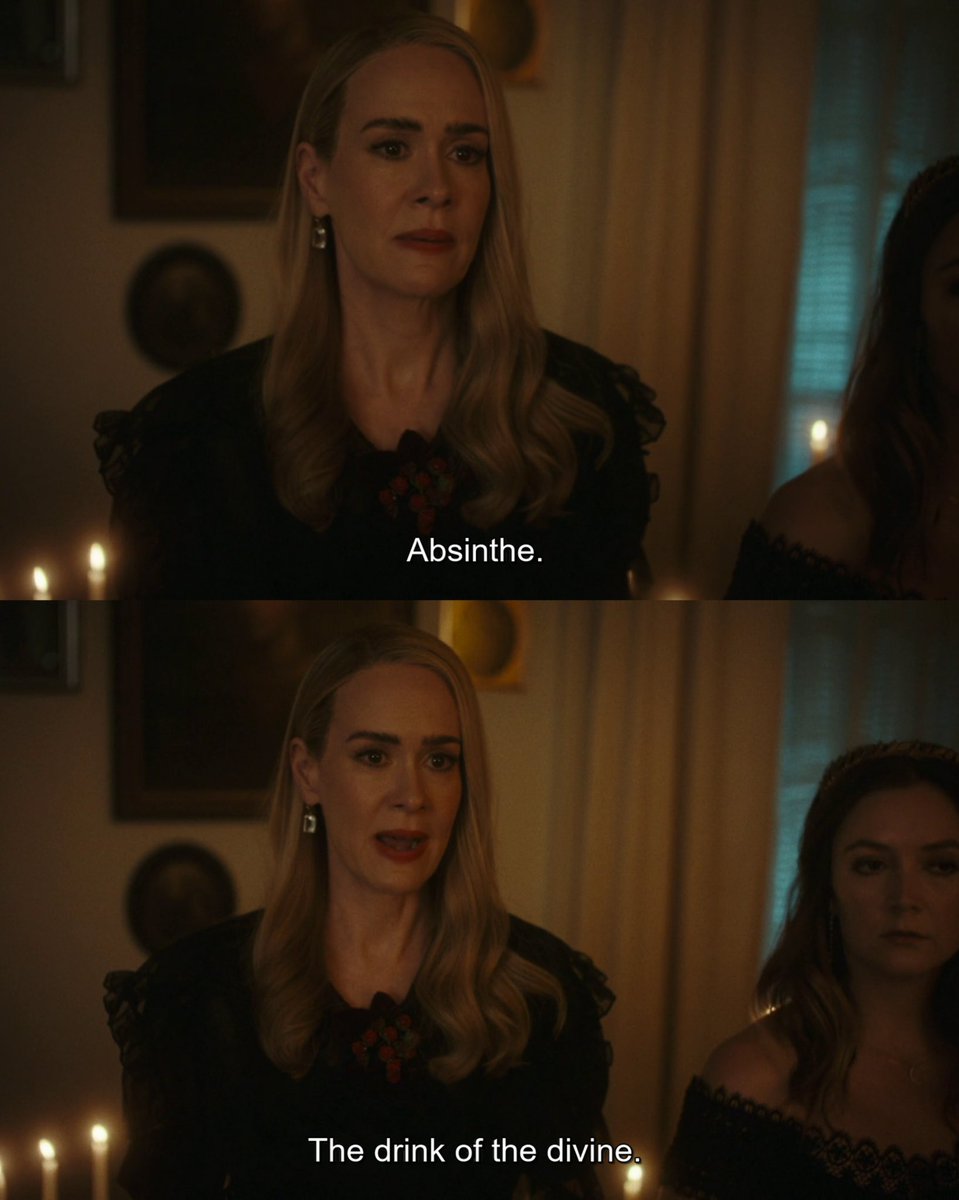 illusauter's tweet photo. absinthe is a legendary strong alcoholic drink that featured in ‘coven’, ‘hotel’ and now in #ahs13, and is indeed often called the "drink of the gods" as well as the "green fairy" (la fée verte)

👇🏻🧵 thread of explanation https://t.co/BMX0kwKA6e