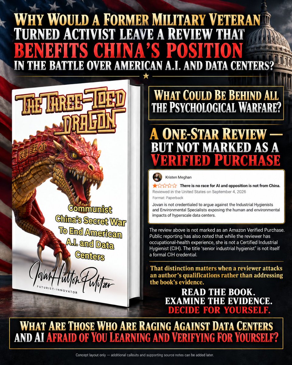 JovanHPulitzer's tweet photo. Are you aware just how bad the psychological warfare over Data Centers and AI really is? Why would a former military and former Federal employee - who regularly appears on the "doom and gloom scroll circuit" leave a "Book Review" not having read the book? Is there something larger at play? This individual has done countless "fear porn, doom and gloom" interviews leading people to believe she is Certified Industrial Hygienist (CIH) yet, news reports exposed she holds bachelor’s and master’s degrees in occupational safety and health, and that she is not a certified industrial hygienist (CIH). Her claims are so outrageous as to her specific credentials that the American Industrial Hygiene Association’s managing director told the same outlet that “senior industrial hygienist,” a title she uses in interviews, is not a formal credential. WHAT ARE WE SEEING PLAY OUT? Why do they not even want you to read a book full of hard, well researched and cited facts?   (1) Is this just more actions to make sure China wins and America Loses? (2) With this being the only - fully documented - research book of its kind: What Does The System NOT WANT YOU TO KNOW? (3) What could be going on here to keep you away from this book and fly in the face 100% AGAINST PRESIDENT TRUMP? Is this just another attempt to thwart President Trumps agenda to assure America is FIRST AND WINS?  Decide for yourself, if you can handle the truth! https://t.co/aALf9BJZPb