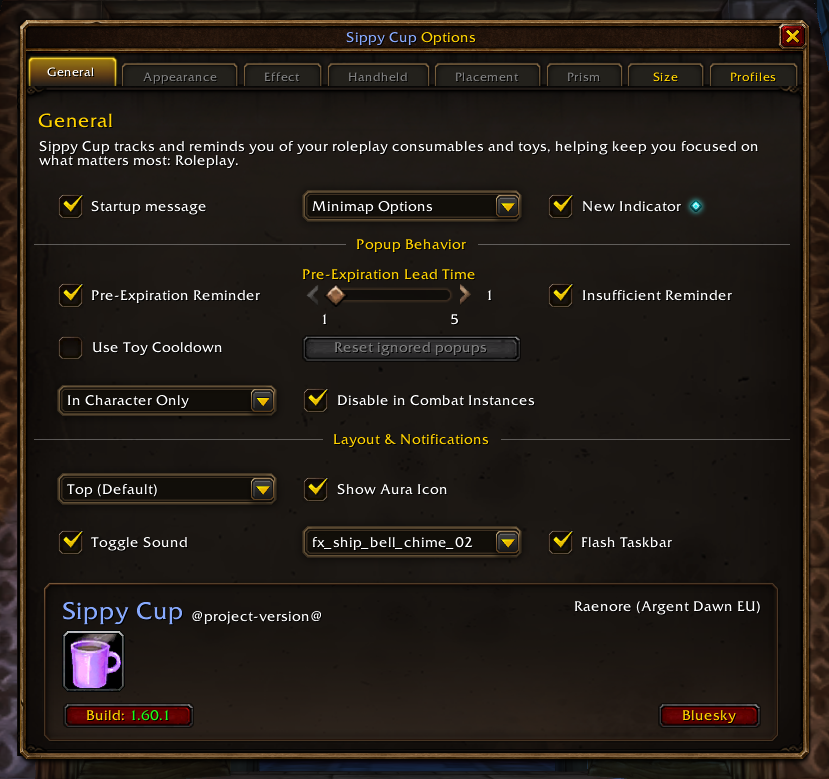 Raenore's tweet photo. I'm also happy to announce that Sippy Cup 🥤will be available on Forever. 🎉

Only two consumables, but able to add in Forever-specific things. 🫡

Little UI refresh as well, temporary! 🎨

#worldofwarcraft #wowrp #warcraft #roleplaying #programming #addons #wowf #wowforever https://t.co/C6MoScj1NQ