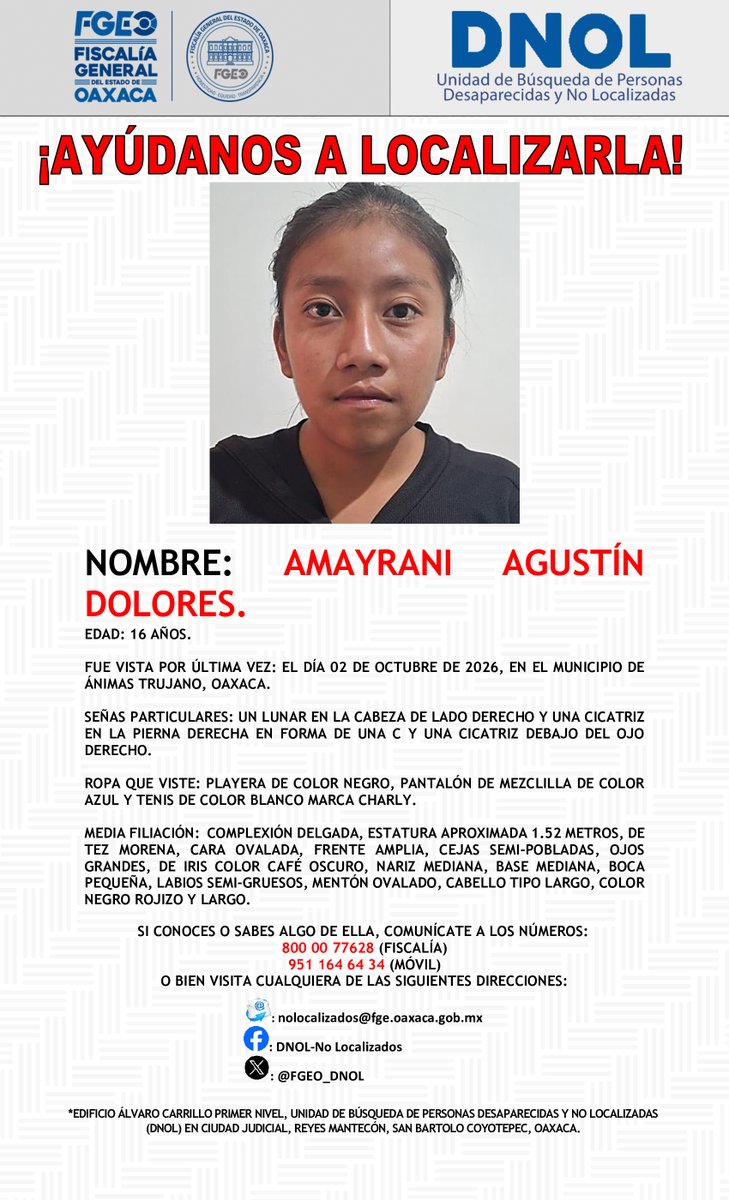 FGEO_DNOL's tweet photo. ¡AYÚDANOS A LOCALIZARLA!
@FISCALIA_GobOax
@AEI_Oaxaca
@PolVial_GobOax
@Policia_GobOax
@089Oaxaca
@Oaxaca_9_1_1
@cruzrojaoaxaca
@Bomberos_GobOax
@mejormunicipio
@GN_MEXICO_
@GN_Carreteras
@PABIC_GobOax https://t.co/NOHDvSXjbm