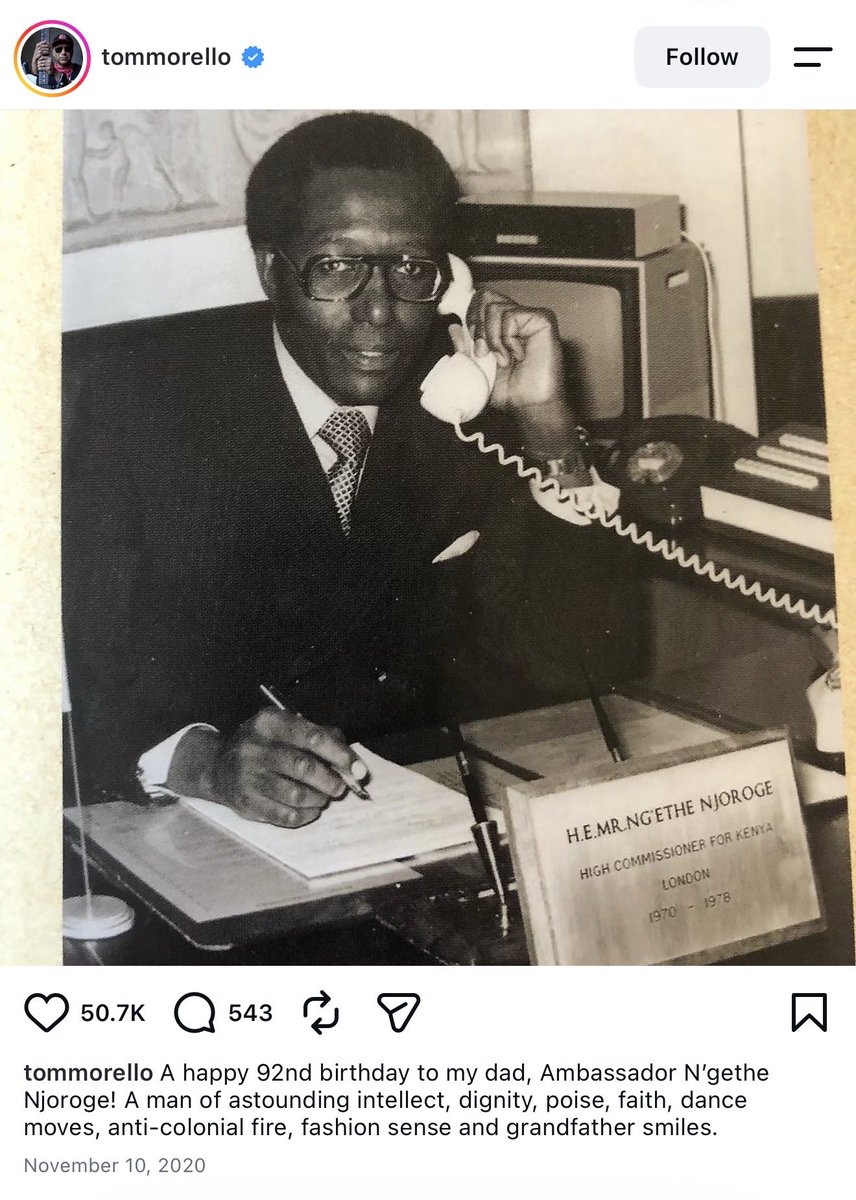 wideofthepost's tweet photo. Tom Morello is black and has identified as black his whole life. He’s in the Rock &amp; Roll HOF. This is his father. You shouldn’t be surprised about Tom’s 2024 vote, because he explained it directly. Harris had a problem persuading VOTERS OF COLOR, not college whites. https://t.co/LjvDzGrQDZ