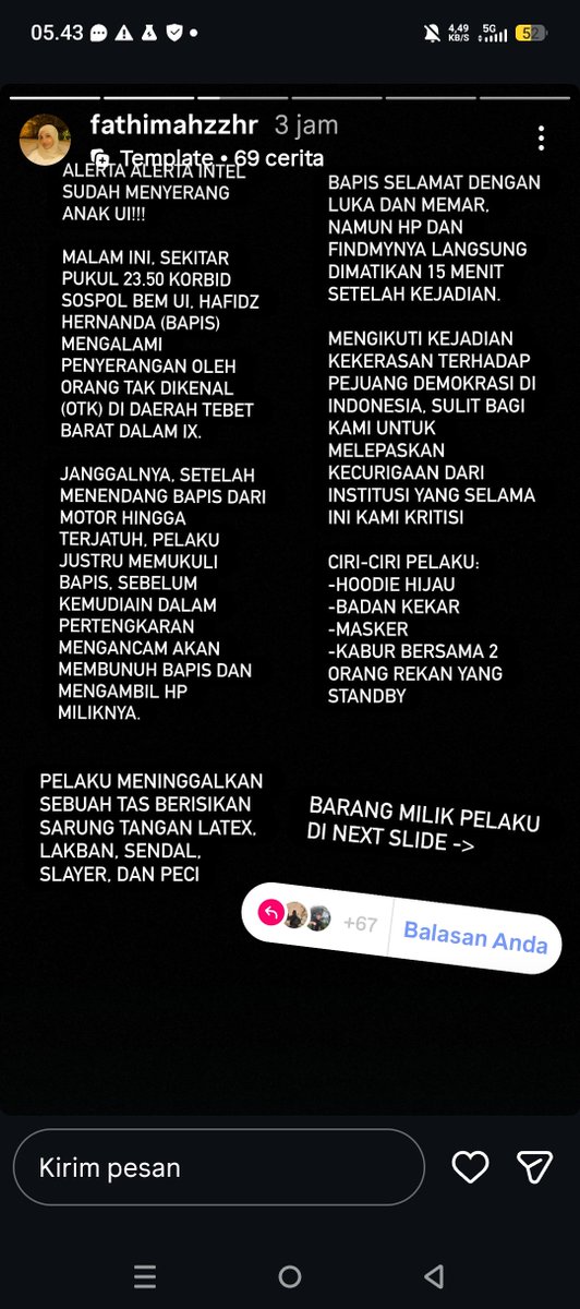 achmadimas's tweet photo. Liat story fathimah, baru aja malam ini koordinator sospol @bemuiofficial Hafidz Hernanda mendapat teror orang tak dikenal (motor ditendang, dipukuli, diancam, barang diambil). 
Terjadi hanya beberapa hari setelah kabar rencana aksi besar. Bentuk pengancaman &amp; pembungkaman? https://t.co/uAD5kPfR6H