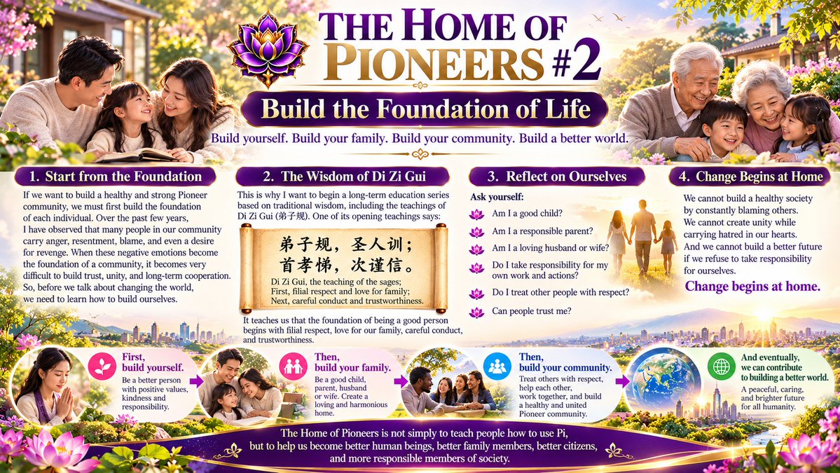 dorisyincpa's tweet photo. 🪷 THE HOME OF PIONEERS #2

BUILD THE FOUNDATION OF LIFE

If we want to build a healthy and strong Pioneer community, we must first build the foundation of each individual.

A community cannot grow in a healthy way when anger, deceit, resentment, blame, attacks, and revenge become part of our daily lives.

Before we try to change the world, we must first learn how to build ourselves.

One of the opening teachings of Di Zi Gui says:

> “First, honor your parents and love your family; then, be careful in your conduct and trustworthy in your actions.”

🌱 A Story That Touched Me

Teacher Cai Lixu once shared the story of Zhu Shouchang.

When Zhu was only seven years old, he became separated from his mother. For more than 50 years, he never forgot her.

At the age of 57, he decided to search for his mother.

He said, in essence:

“I will not return until I find my mother.”

After a long journey, he finally found her. She was already in her seventies.

When mother and son finally met again, they embraced and cried.

What touched me most was that Zhu did not stop there. He also took responsibility for caring for his mother and his younger siblings.

Ask Yourself:

If someone could remember his mother for more than 50 years, have we forgotten the sacrifices our own parents made for us?

Do we appreciate our family?
Do we fulfill our responsibilities?
Are we setting a good example for our children?

A person's character begins at home.

First, build yourself.
Then, build your family.
Then, build your community.

🪷 A strong community must have a strong foundation.

And that foundation begins with you and me.

Doris Yin