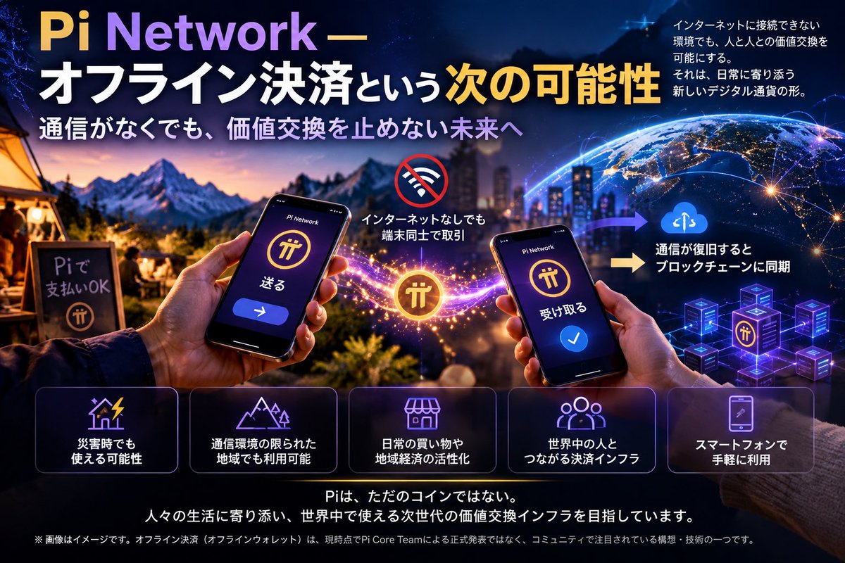 hTprCcgjJ8mHs7Y's tweet photo. Pi Network ―「オフライン決済」という次の可能性

Pi Networkをめぐって、現在コミュニティで注目を集めているのが「オフラインウォレット／オフライン決済」構想です。

もし実現すれば、インターネット接続が一時的に失われた状況でも、端末同士で取引情報を扱い、通信が復旧した後にネットワークへ同期する――そんな新しい決済体験につながる可能性があります。

これは単なる「暗号資産を送る」という発想を超え、

「インターネットがなくても、人と人との価値交換を止めない」

という方向性を持つ技術です。

災害や通信障害、通信環境の限られた地域などを考えると、こうした仕組みはPiが目指す日常的なデジタル通貨・決済インフラとも非常に相性が良いでしょう。

もちろん、現時点でコミュニティ上で拡散している「オフラインウォレット」がPi Core Teamによって正式リリースされたと確認できたわけではありません。

しかし、Piがこれまで進めてきたWallet、Pi Browser、ローカルデータ処理、QR決済などの技術開発を考えると、今後どこまで「オフラインでも使えるPi」という可能性が広がっていくのか、非常に興味深いところです。

Piの本当の価値は、単なる価格だけではない。

🌐 世界中で使える
📱 スマートフォンで利用できる
💳 日常決済につながる
🔗 Web3エコシステムと接続する
📡 そして将来的には、通信環境に左右されない価値交換へ――

Pi Networkは、まだ完成したものではありません。

だからこそ、「これから何が実現されるのか」に注目する価値があります。

Piは、ただのコインではなく、次世代の価値交換インフラを目指しているのかもしれない。 🚀💜

#PiNetwork #PiNetworkNews #Pi #PiWallet #Web3 #Blockchain #Crypto #DigitalCurrency #GCV #Pioneer