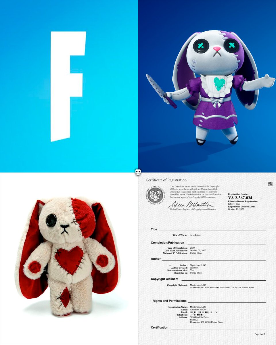 codepcpy's tweet photo. 🚨 ¡FORTNITE ESTÁ SIENDO ACUSADO DE PLAGIO!

American McGee denunció públicamente a Fortnite por copiar su diseño registrado "Love Rabbit" para crear el nuevo cosmético "Rowena Rabbit".

El creador mostró su certificado de derechos de autor y señaló algo muy sospechoso: el juego permite cambiar el color del conejo, pero aparentemente bloquea la opción de ponerlo en color rojo, el cual es el color característico de su obra original. Ante la avalancha de mensajes sobre el parecido, McGee se quejó de la situación sugiriendo a los desarrolladores que simplemente hubieran trabajado juntos en una colaboración oficial.

#Fortnite cc: @americanmcgee