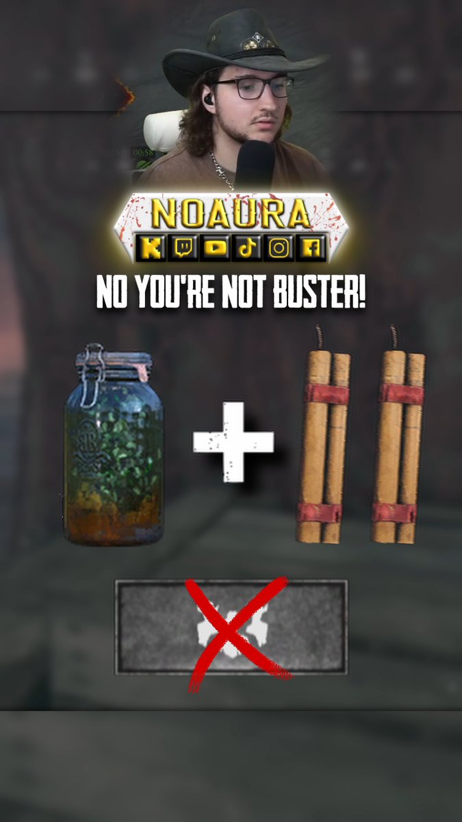 Noaura gaming channel thumbnail with the text 'NO YOU'RE NOT BUSTER!' showing a streamer in a cowboy hat and images of in-game objects (a jar and dynamite) combined to make something, with a red X over a stone slab.