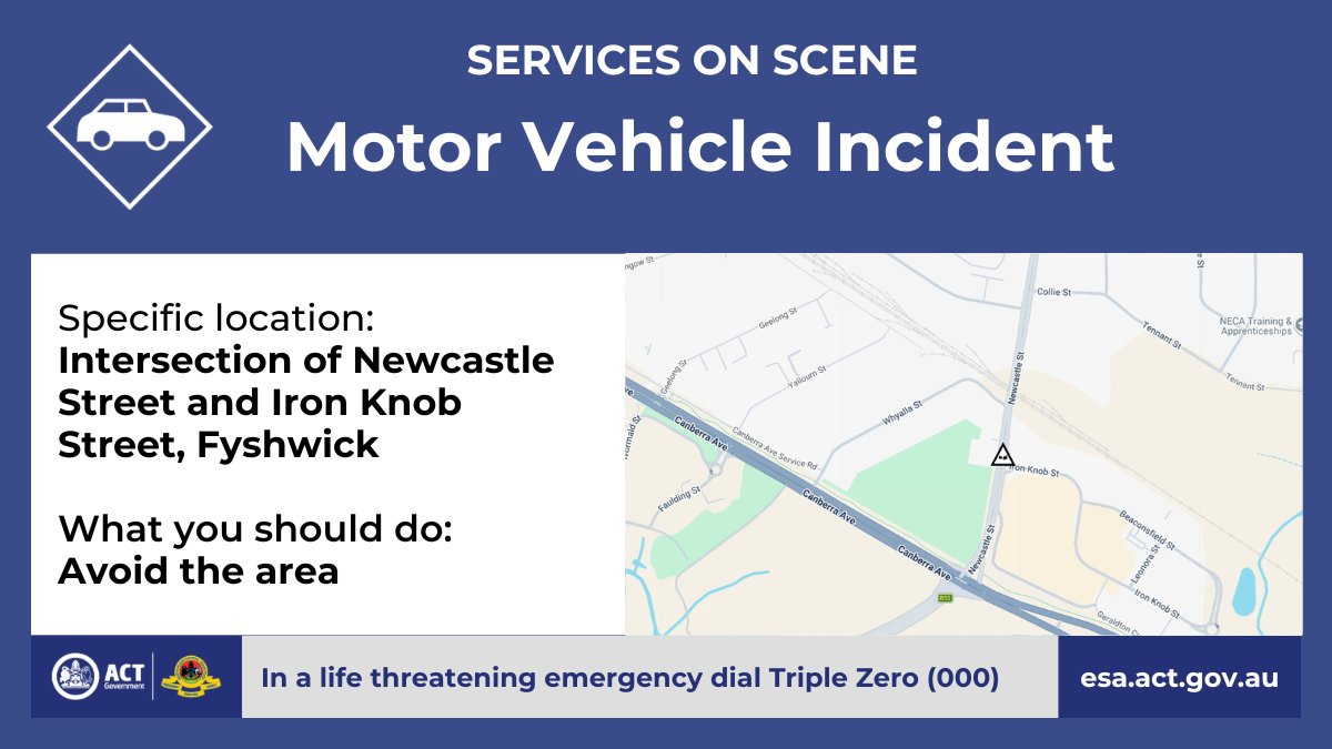 ACT_ESA's tweet photo. Motor Vehicle Incident - Fyshwick

There has been a motor vehicle incident at the intersection of Newcastle Street and Iron Knob Street in Fyshwick.
 
Traffic is being heavily impacted on both roads.
 
Please avoid the area.

https://t.co/niZE1iwyxQ https://t.co/AiwA2rEmOx