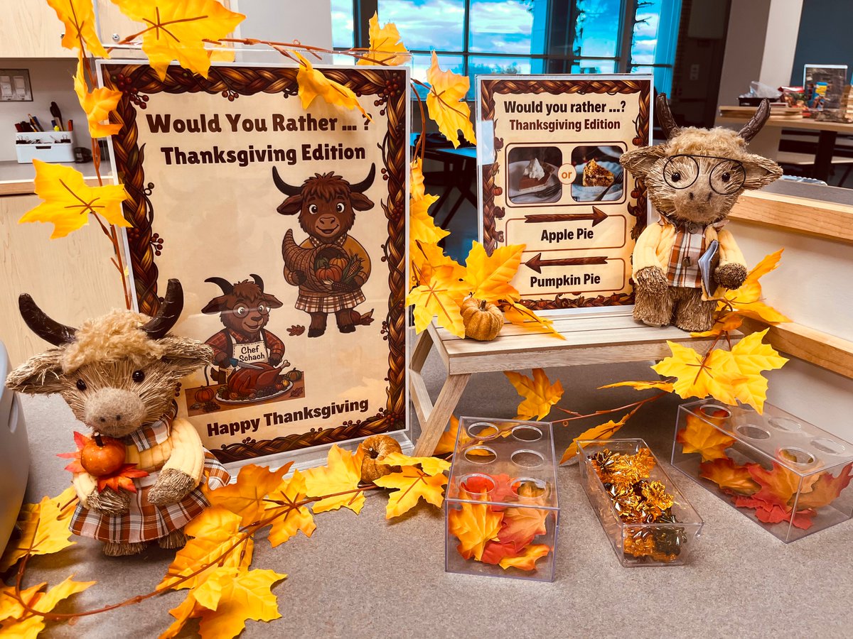 StigLib's tweet photo. Thanksgiving vibes are live at the SIH Library! 🍁 Vote daily in our "Would You Rather...?" poll. First up: Apple vs. Pumpkin Pie? Drop your token in the voting boxes at the front desk! Don't leave us pie-ning—make your choice before break! 🥧🍂 https://t.co/5RzxuXUXRL