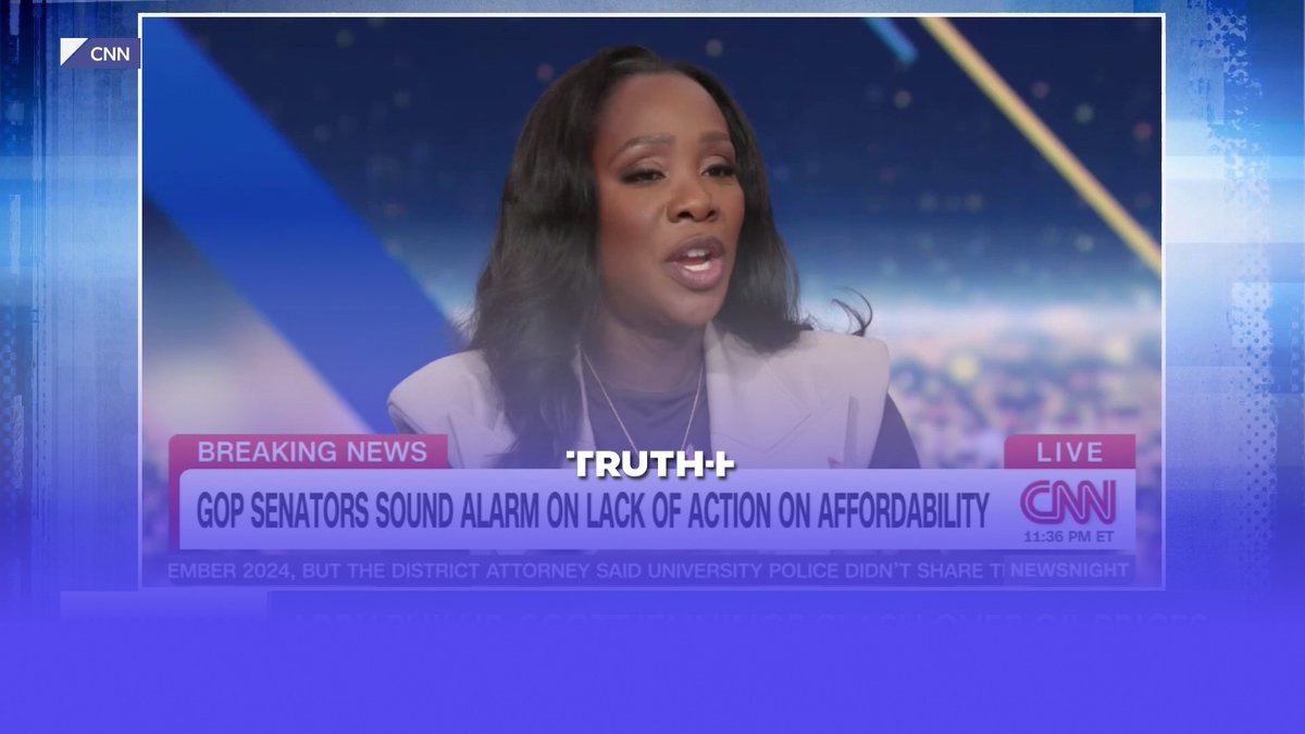 A CNN breaking news broadcast features a Black female news anchor with the chyron 'GOP SENATORS SOUND ALARM ON LACK OF ACTION ON AFFORDABILITY' and a 'TRUTH+' label overlaid in the center.