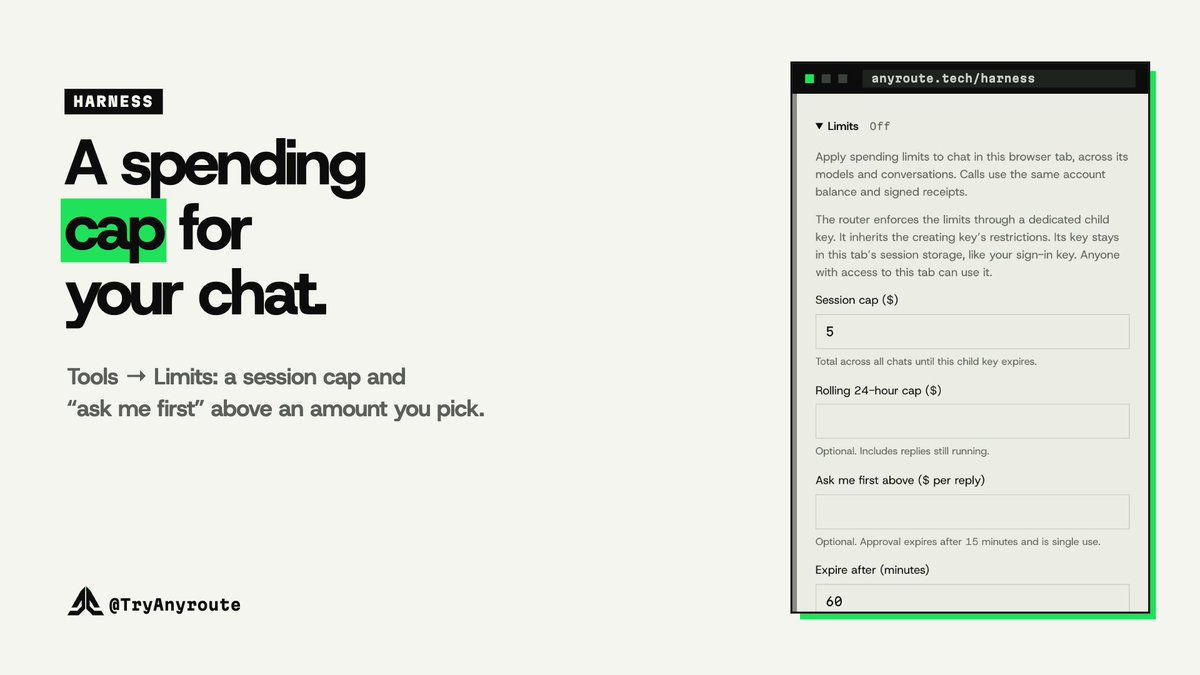TryAnyroute's tweet photo. Long chats can quietly become expensive.

In the Harness, open Tools, then Limits, to set a spending cap for the session, choose an amount that requires your approval, and stop the chat whenever you need to.

The router enforces the limits, not your browser.

https://t.co/jPFiAzNtXb