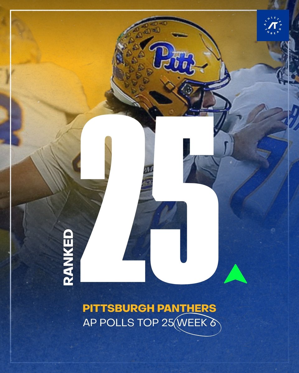 PantherThreads's tweet photo. 🔥 #25 IN THE NATION! 🐾💙💛

The Pittsburgh Panthers are ranked #25 in the latest AP Top 25! 🐾🏆

Pitt is climbing in the rankings after Week 6 and clawing their way into the national spotlight. 👀🔥

Rep the Panthers and show off your Pitt pride! 💙💛

https://t.co/fu2dVQ8ypU https://t.co/Gvs33otFZL