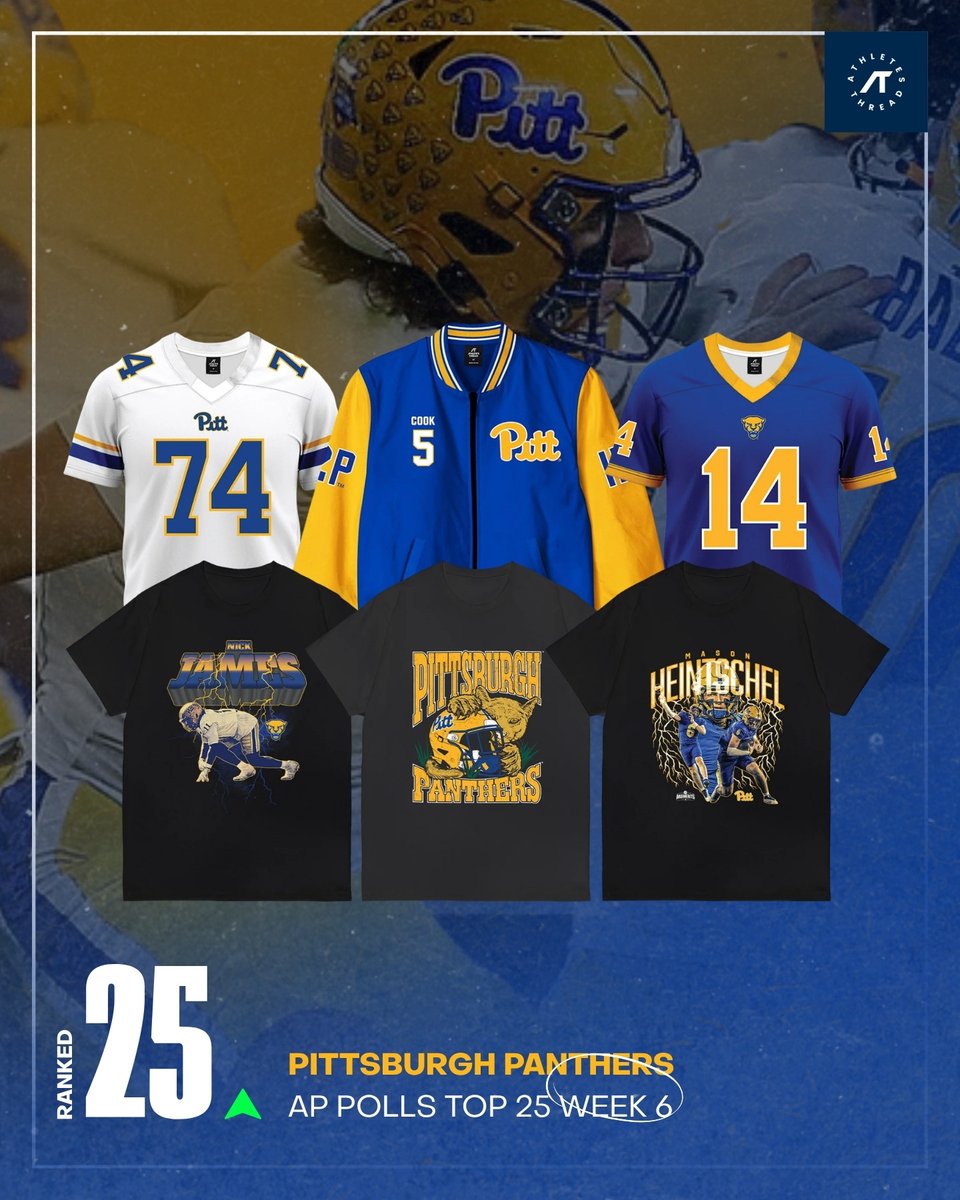 PantherThreads's tweet photo. 🔥 #25 IN THE NATION! 🐾💙💛

The Pittsburgh Panthers are ranked #25 in the latest AP Top 25! 🐾🏆

Pitt is climbing in the rankings after Week 6 and clawing their way into the national spotlight. 👀🔥

Rep the Panthers and show off your Pitt pride! 💙💛

https://t.co/fu2dVQ8ypU https://t.co/Gvs33otFZL