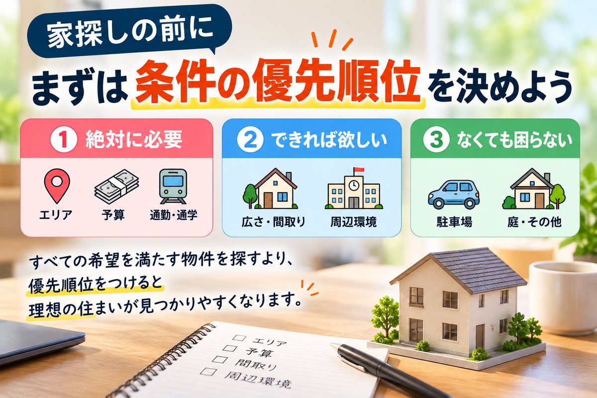 sumai_opinion's tweet photo. 家探しを始める前に、夫婦や家族で「優先順位」を決めておくのがおすすめです🏠

たとえば、
①絶対に必要
②できれば欲しい
③なくても困らない

この3つに条件を分けるだけでも、物件比較がしやすくなります。

家探しは「何を選ぶか」と同じくらい「何を譲れるか」も大切です。

#住宅購入 #家探し https://t.co/GjJSzjBVRQ