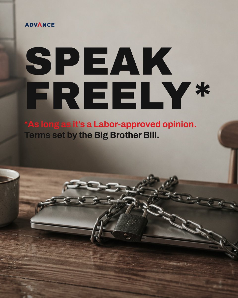 FairAusADV's tweet photo. Is your opinion approved by Labor? You better check before you post anything.

The Big Brother Bill will only allow Labor-approved opinions to be posted online. https://t.co/wngvk1h8wy