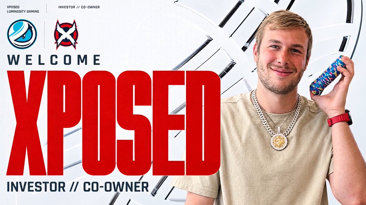 The image is a promotional graphic welcoming "XPOSED" as an investor and co-owner of Luminosity Gaming, featuring a smiling young man holding a colorful patterned can, with the Luminosity and Xposed logos displayed in the upper left corner alongside bold "WELCOME" text.