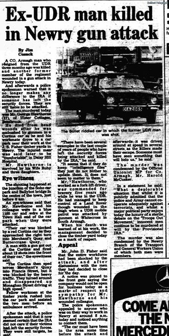 OnThisDayPIRA's tweet photo. #OnThisDay in 1979 the IRA murdered Robert (George) Hawthorne, 37. Married father of 3. Timber Forklift driver/ex UDR soldier shot driving to work past Soho car park, Newry, N Ireland, 8 am. Colleague injured #OTD. Attacked also in 1974; commended for vehicle control when wounded https://t.co/BpYS6rLp5J