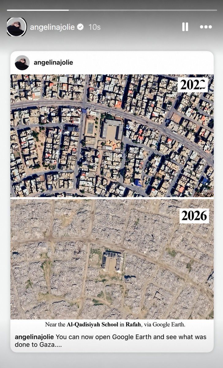 AlertaNews24's tweet photo. 🇵🇸 | Angelina Jolie mostró imágenes de Gaza en Google Earth y señaló la magnitud de la destrucción, destacando los daños en barrios, viviendas, escuelas, hospitales e infraestructura. https://t.co/ibojl5Ezsi