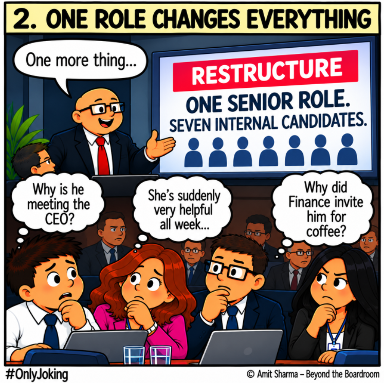 amits_here's tweet photo. One promotion. Several candidates. 

Suddenly everyone’s a Traitor. 😂

#OnlyJoking #TheTraitors #WorkplaceCulture #Leadership #CorporateLife https://t.co/FFSm4Z7dJY
