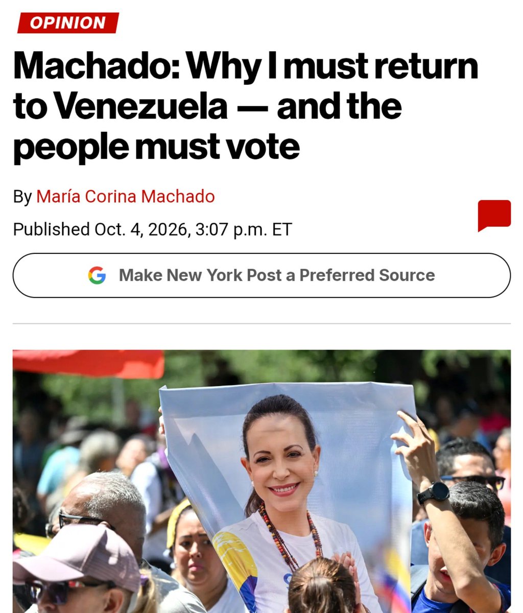EmmaRincon's tweet photo. María Corina Machado at @nypost:

My duty is to accompany our people and channel growing social tensions peacefully. I must be there, deepening citizen organization, strengthening our civic network and forging a national agreement among civilians and the military. I will return and travel the country, preparing Venezuela to rebuild its institutions, economy and democracy, and become America’s strongest partner in the hemisphere.

That is why the next strategic step is to set a date for presidential elections within the next year, with a roadmap for the reforms needed to make them free and fair. A firm date will give Venezuelans a horizon for organizing and participating, bringing society into the process begun by Maduro’s arrest. To those who fear elections could bring instability, the opposite is true: They will unite the country and bring certainty. The previous election showed millions can and will organize peacefully for democratic change.

Lasting stability rests on commitments made with a legitimate government backed by Venezuelans. Security cooperation requires legitimate command. Our vision is to turn government agreements into state policy that can outlast governments. 

Ultimately, stability depends on our people’s participation. That cannot wait until the transition ends; it is the strongest guarantee of its success.

Secretary of State Marco Rubio has stated Venezuela must hold free elections. We agree. Venezuelans need to know when.

On January 3, President Trump did what many thought impossible. Now we can turn that into a lasting strategic victory: a stable, democratic, prosperous Venezuela allied with the United States, open to American investment and contributing to hemispheric security.